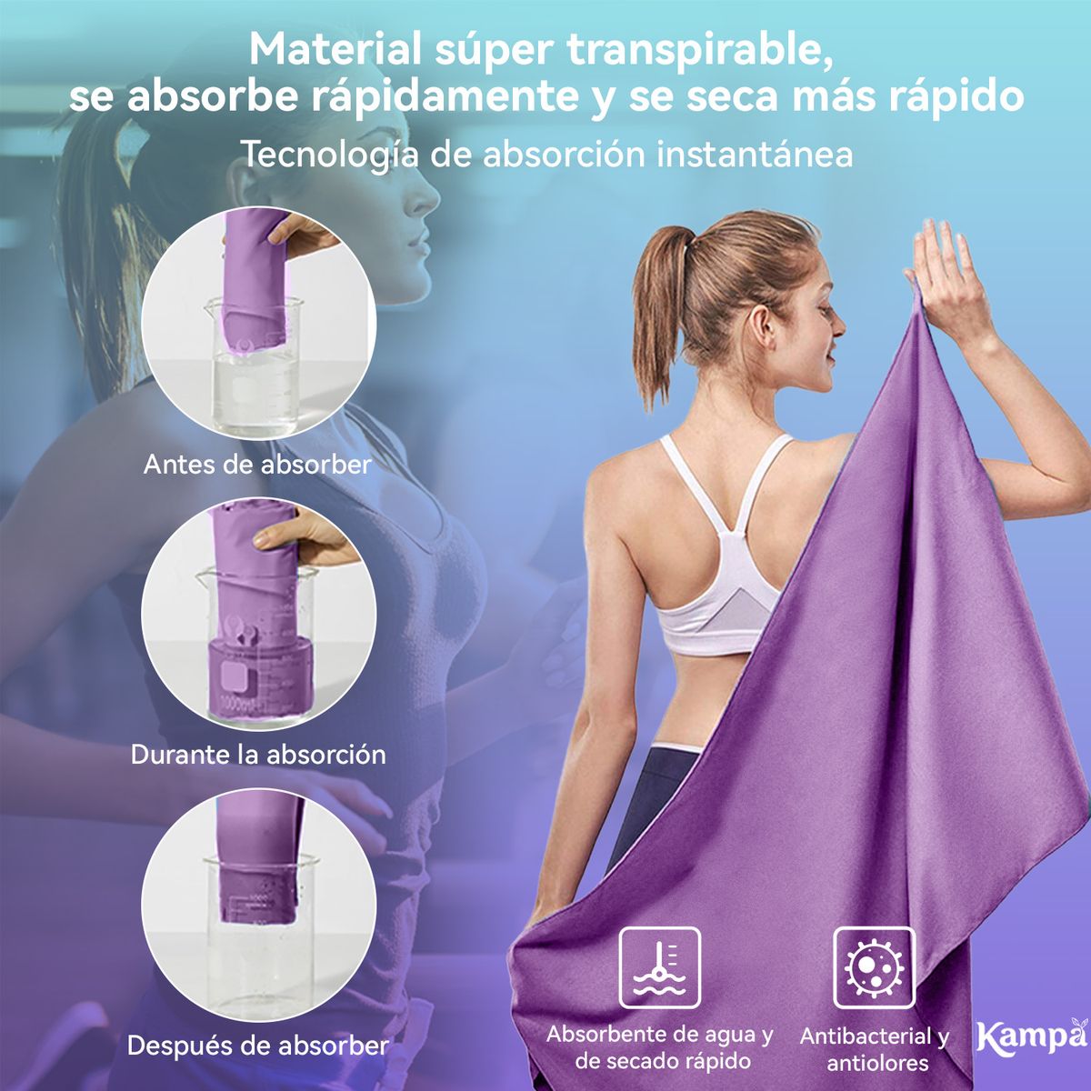 REBONEC - Toalla Microfibra 3pcs Secado Rápido Baño Viaje Deporte Lila
