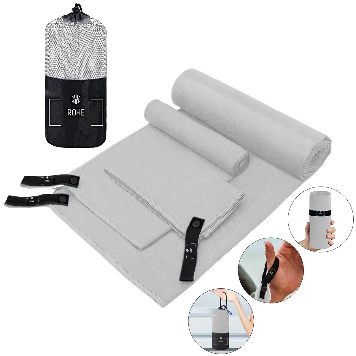 REBONEC - Toalla Microfibra 3pcs Secado Rápido Baño Viaje Deporte Gris