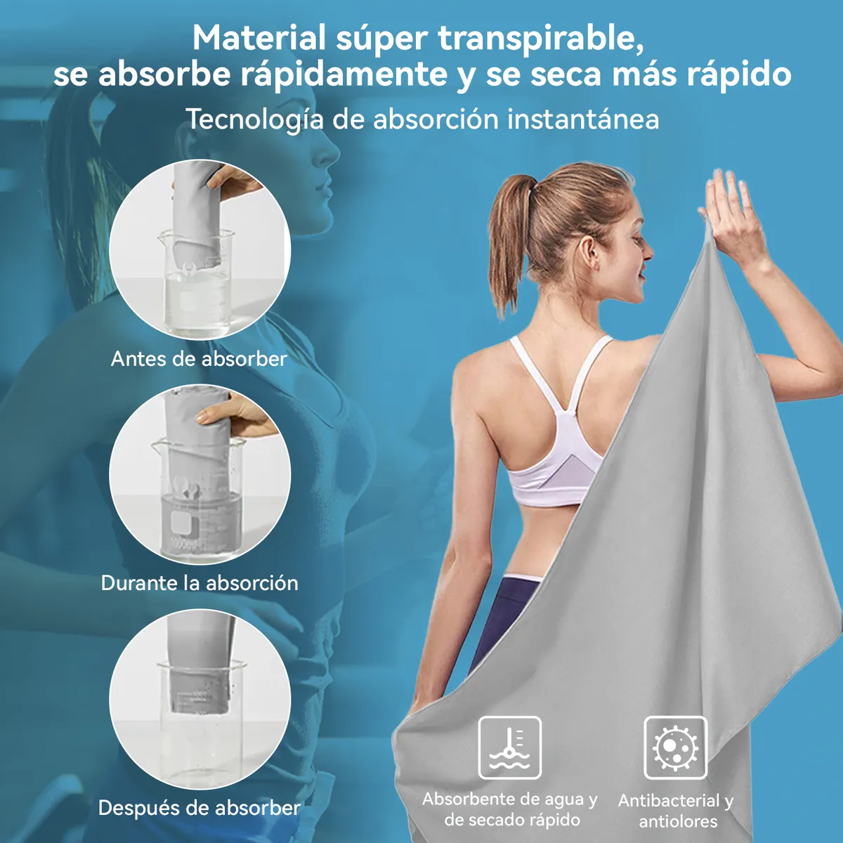 REBONEC - Toalla Microfibra 3pcs Secado Rápido Baño Viaje Deporte Gris