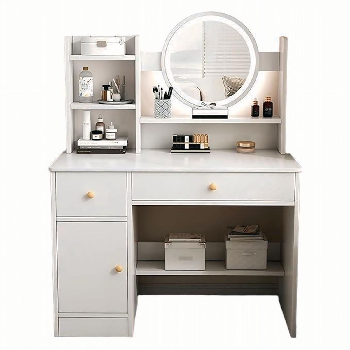 ACTUAL - Tocador Blanco Con Espejo Led Redondo Gran Capacidad 80x40x120