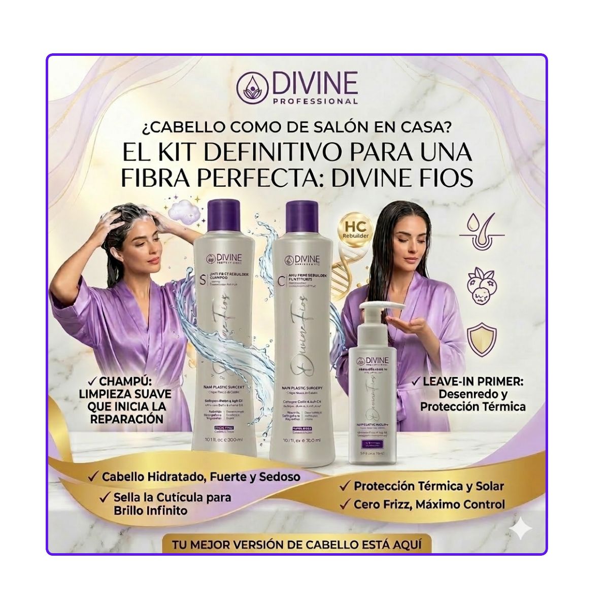 DIVINE PROFESSIONAL - Kit HC Shampoo + Acondicionador+LeaveIn Divine Professional