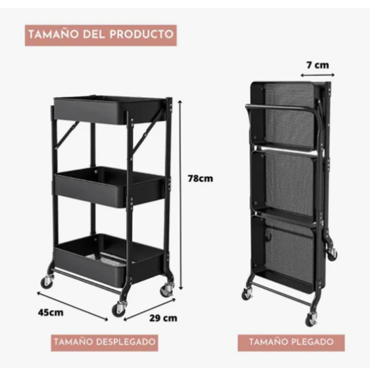 GENERICO - Organizador Carro Plegable Multiuso De 3 Niveles Con Ruedas