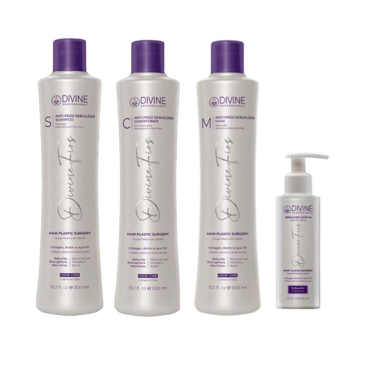 DIVINE PROFESSIONAL - Kit Home Care 4 pasos Shampoo+Acondicionador+Mascarilla+LeaveIn Divine Professional