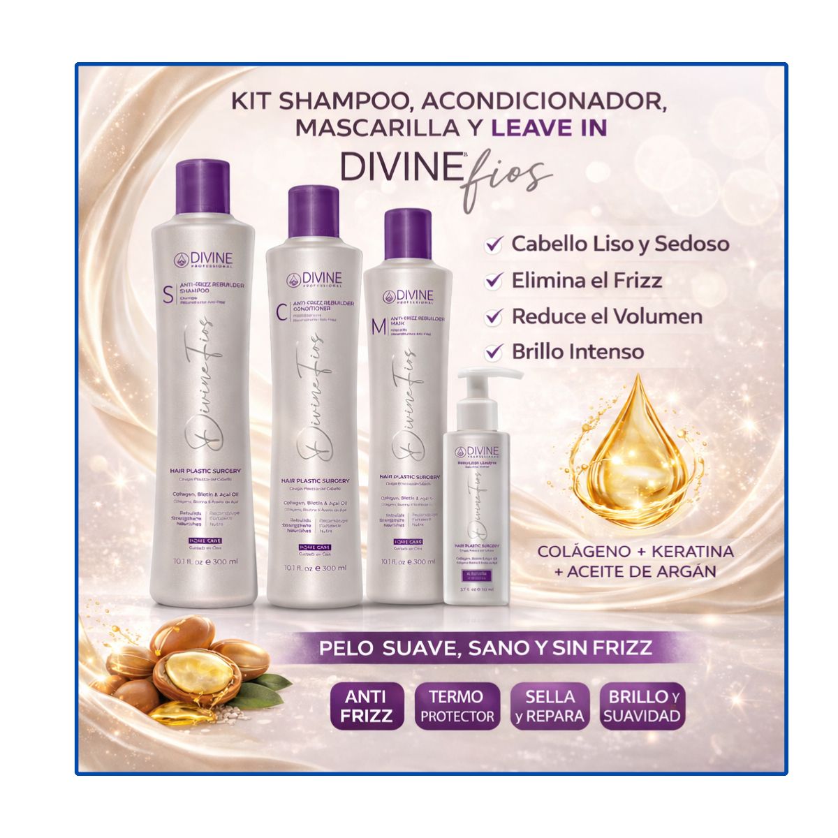 DIVINE PROFESSIONAL - Kit Home Care 4 pasos Shampoo+Acondicionador+Mascarilla+LeaveIn Divine Professional