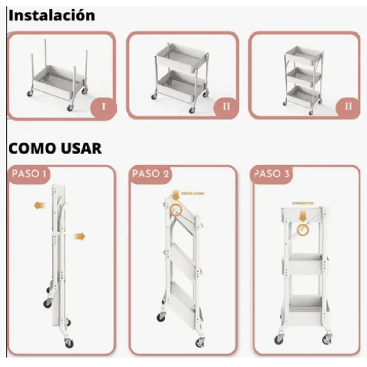 GENERICO - Organizador Carro Plegable Multiuso De 3 Niveles Con Ruedas