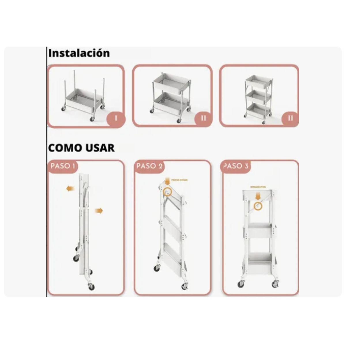 GENERICO - Organizador Carro Plegable Multiuso De 3 Niveles Con Ruedas
