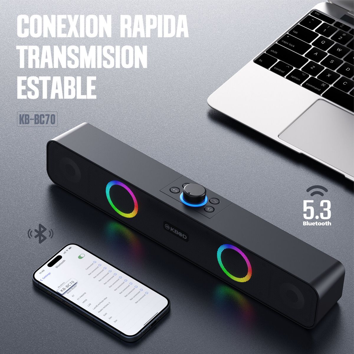 KBOD - Soundbar Parlante Bluetooth Tws Gamer Kbod Bc70 10w Luz Rgb Negro