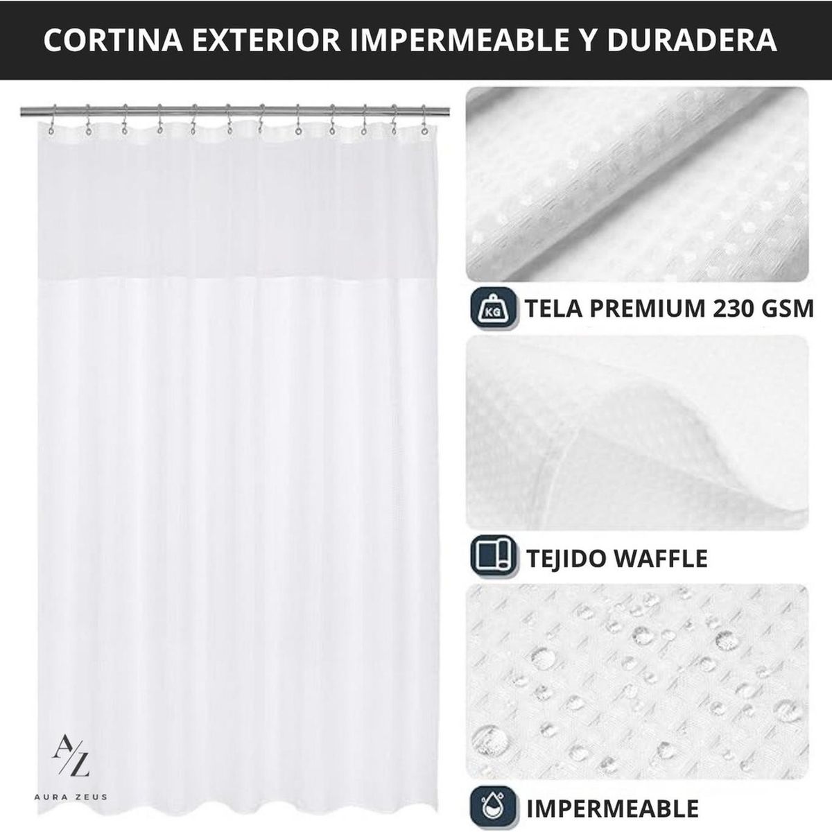 AZ AURAZEUS - Cortina De Baño 200 x 180 Cm Diseño Impermeable + Forro + 12 Ganchos Aura Zeus