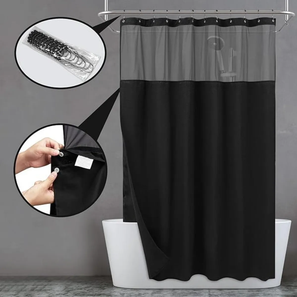 AZ AURAZEUS - Cortina De Baño Diseño Impermeable + Forro Y 12 Ganchos Negro AZ 200 x 180 Cm