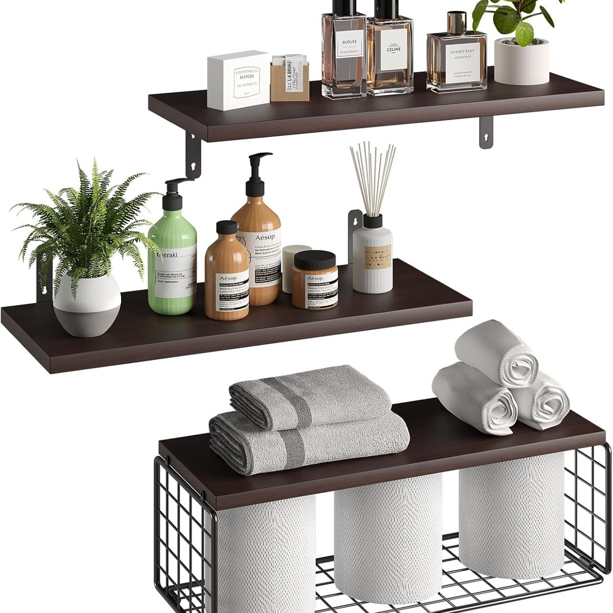 WAKESHOME - Estantes Flotantes de Pared Rack de Madera Almacenamiento y Decoración para el Hogar