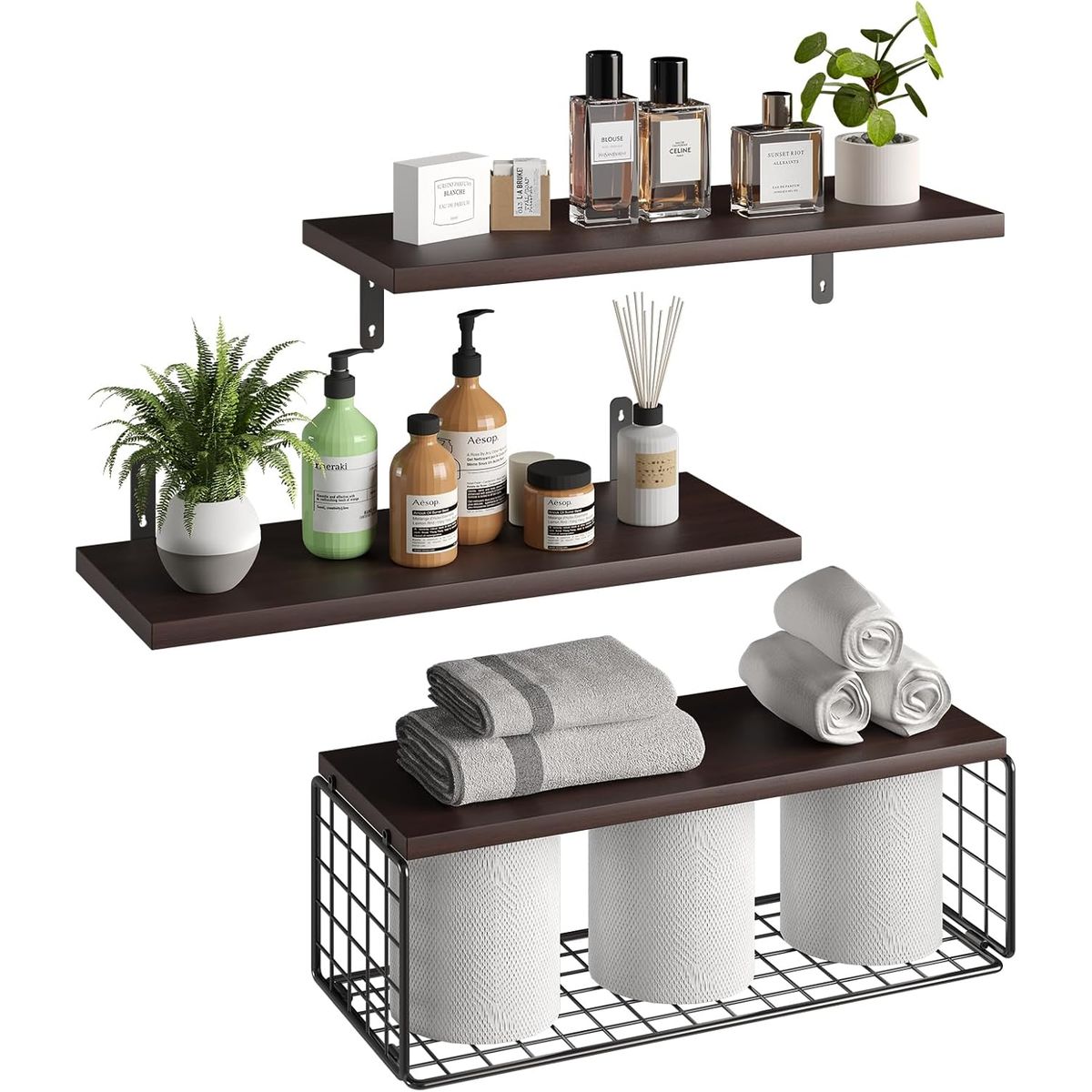 WAKESHOME - Estantes Flotantes de Pared Rack de Madera Almacenamiento y Decoración para el Hogar