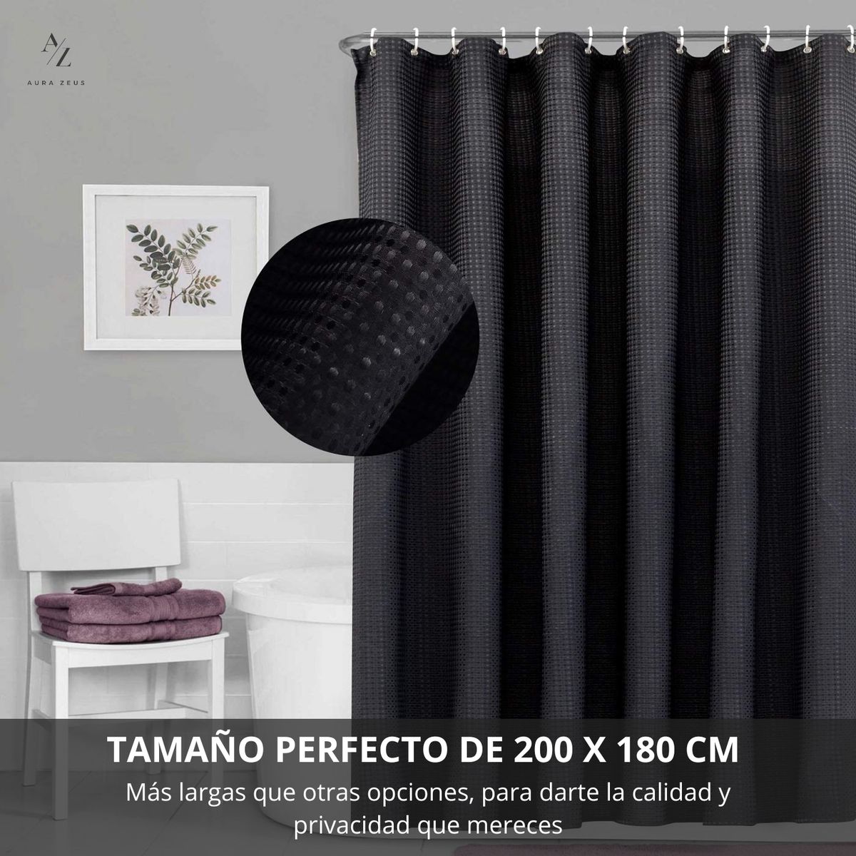 AZ AURAZEUS - Cortina De Baño Impermeable Tela Ducha +12 Gancho Premium Aura Zeus 200 x 180 Cm