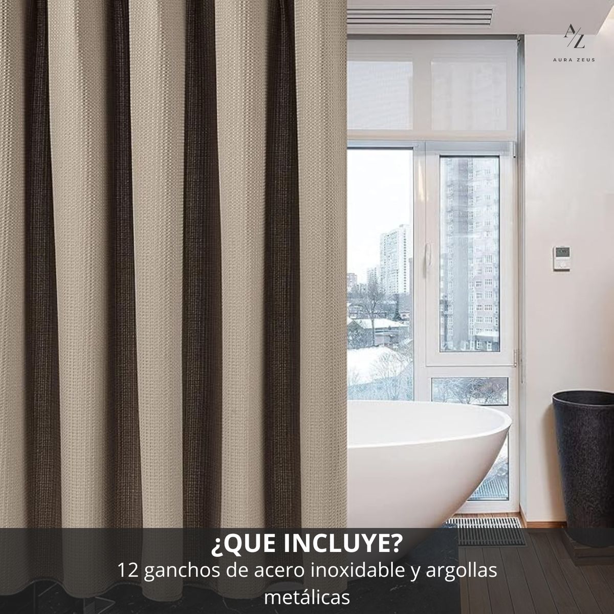 AZ AURAZEUS - Cortina De Baño Impermeable Tela Ducha +12 Gancho Premium Aura Zeus 200 x 180 Cm