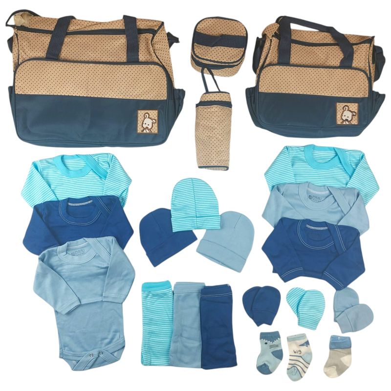 GENERICO - Pack Bolso 5 Piezas + Ajuar 18 Piezas 0/3 Meses Azul
