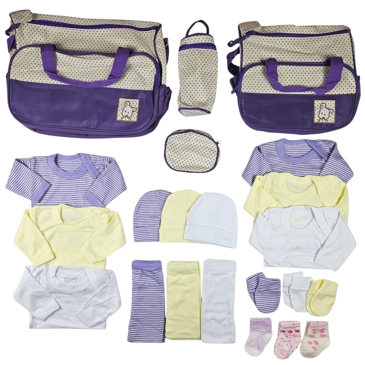GENERICO - Pack Bolso 5 Piezas + Ajuar 18 Piezas 0/3 Meses Morado