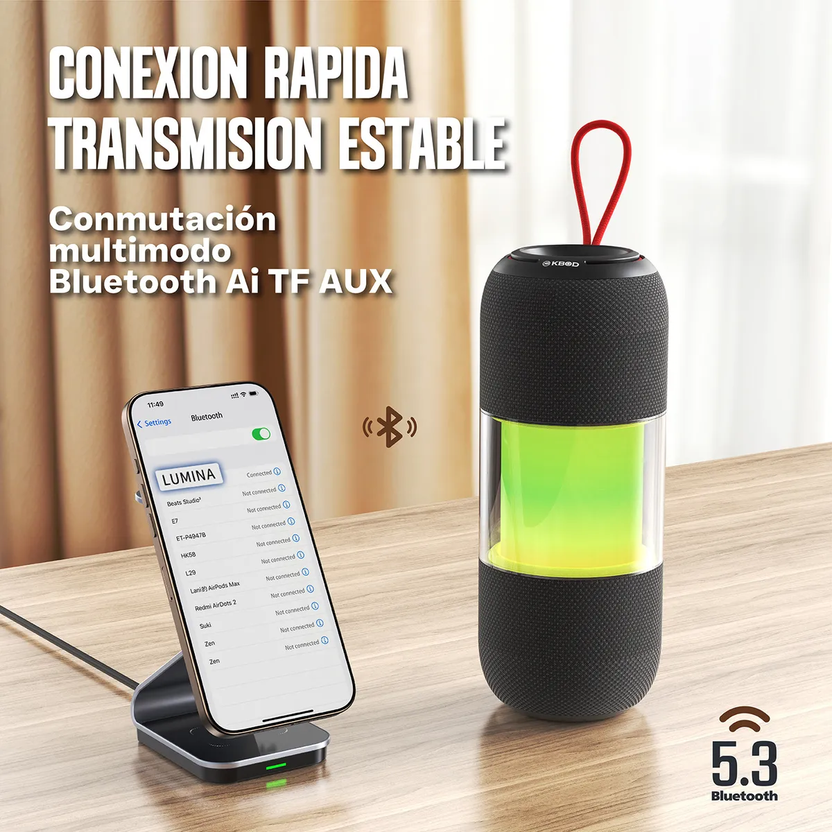 KBOD - Parlante Bluetooth Kbod Lumina Led Rgb Sonido 360 Sumergible Negro