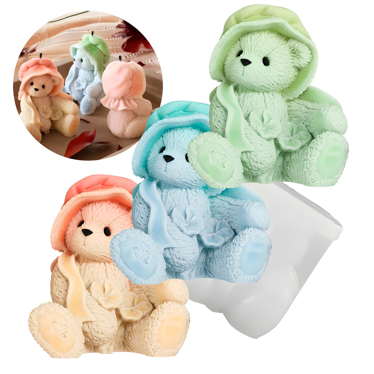 GENERICO - Pack 3 Moldes Silicona Ositos Osos Velas Resina 6.2x6.6 Cm