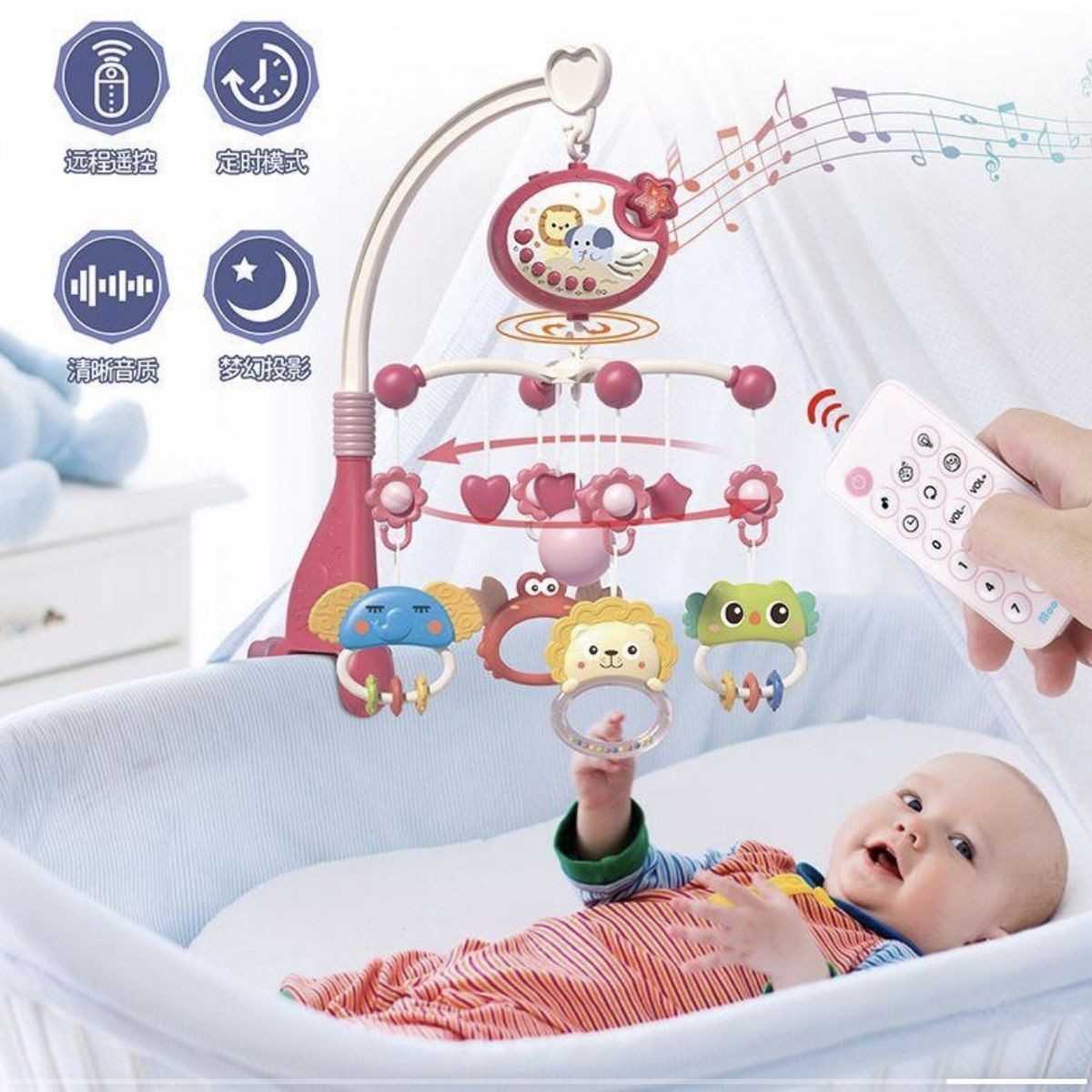GENERICO - Móvil Musical Para Cuna Con Proyector, Luz Y Control Remoto Rosado