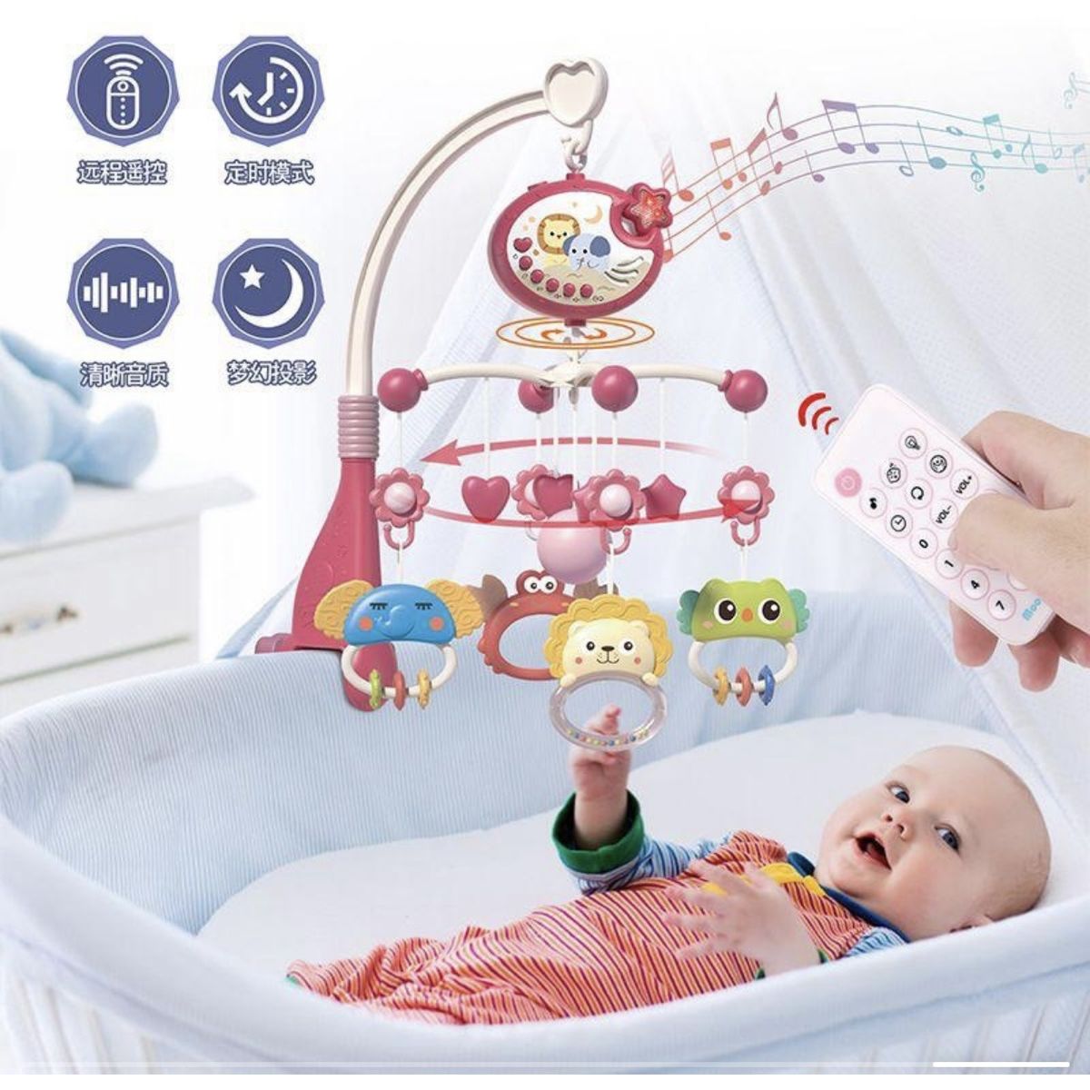 GENERICO - Móvil Musical Para Cuna Con Proyector, Luz Y Control Remoto Rosado