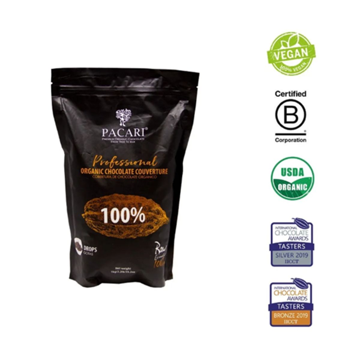 Pacari - Chip De Chocolate Orgánico 100% Cacao 1 Kg Pacari Sin Gluten