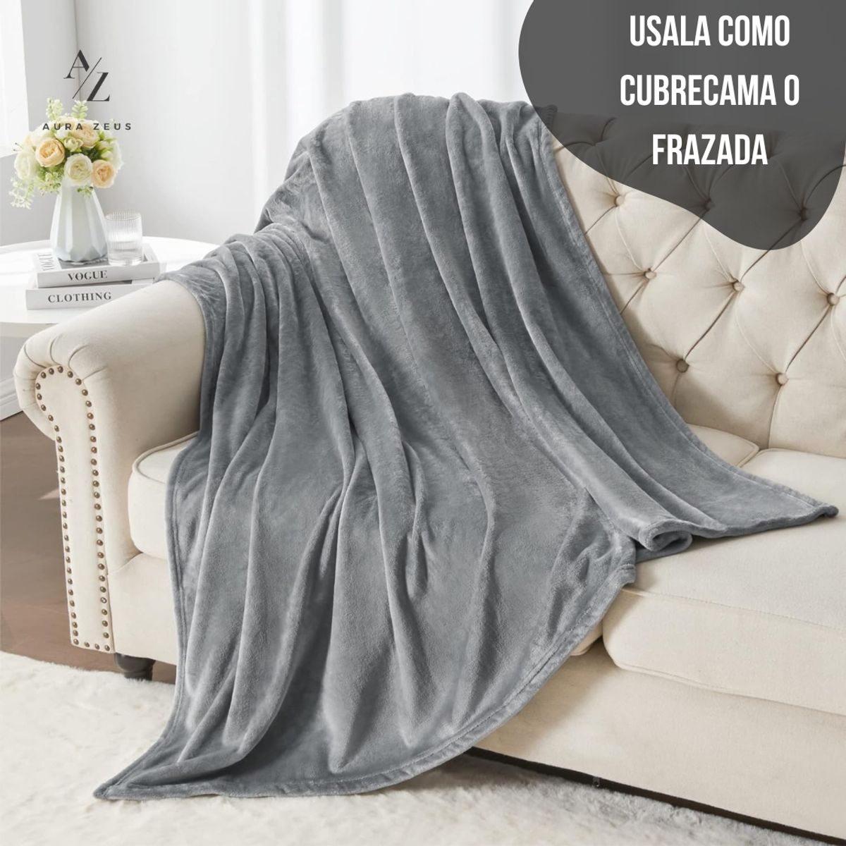 AZ AURAZEUS - Frazada 2 Plazas / King Manta Termica Chalon Gris Polar Lana Az