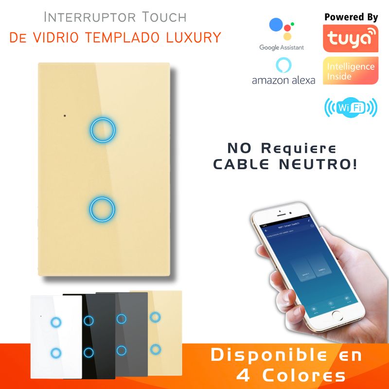 D MOTICA - Interruptor Touch Doble Inteligente Wifi2 Canal Sin Neutro - DORADO