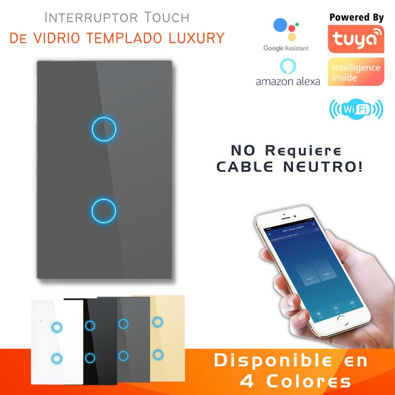 D MOTICA - Interruptor Touch Doble Inteligente Wifi2 Canal Sin Neutro - GRIS