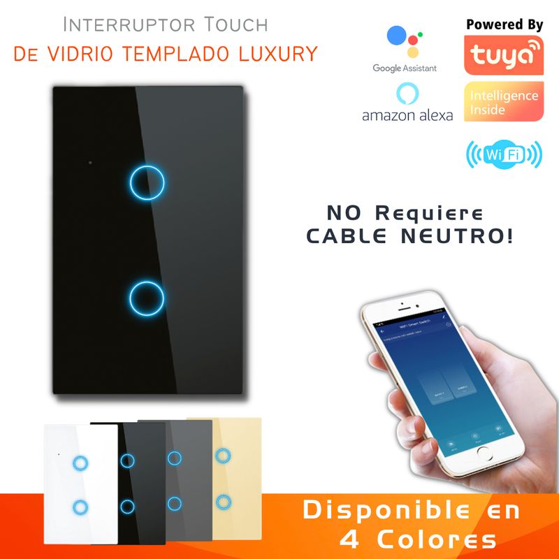D MOTICA - Interruptor Touch Doble Inteligente Wifi2 Canal Sin Neutro - NEGRO