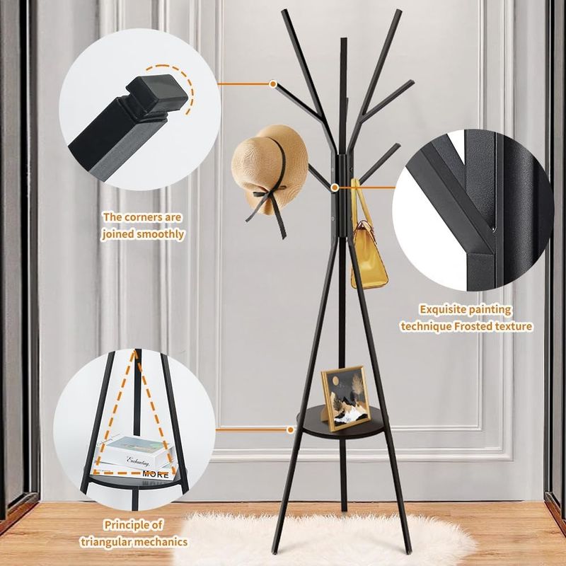 EVERSO - Perchero De Pie Metal Colgador Ropa Con 9 Ganchos Y Bandeja Negro