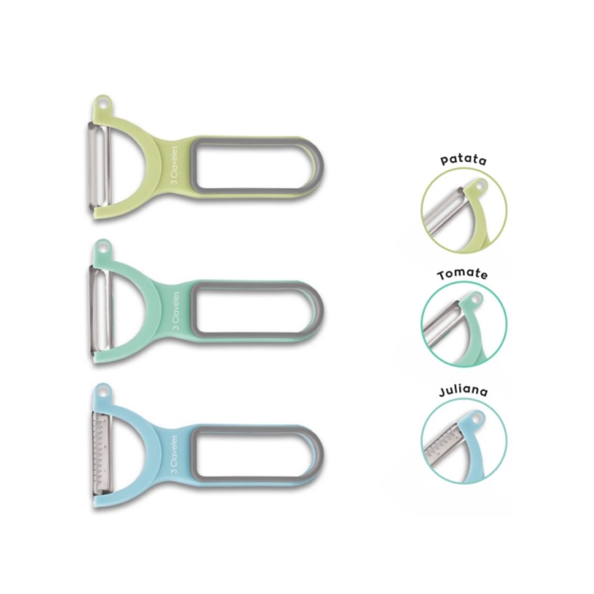 3 CLAVELES - Pelador Verduras Pack 3 Pzas Acero Inoxidable y Mango Ergonómico