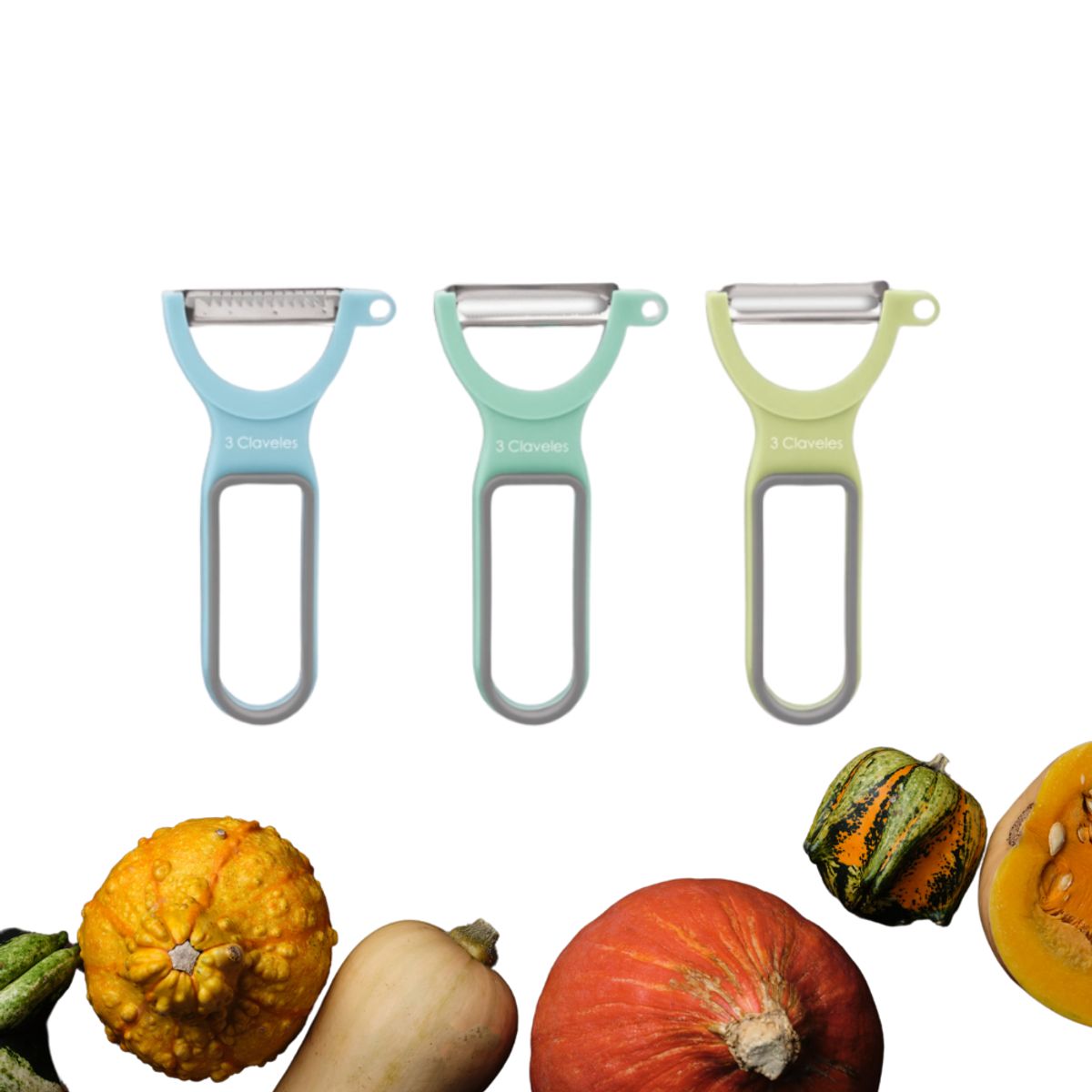 3 CLAVELES - Pelador Verduras Pack 3 Pzas Acero Inoxidable y Mango Ergonómico