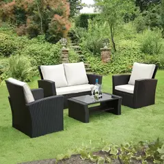ROHE - Juego de Terraza 4 Piezas de Ratán PE Negro con Cojines