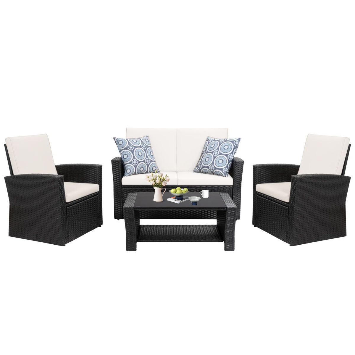 ROHE - Juego de Terraza 4 Piezas de Ratán PE Negro con Cojines