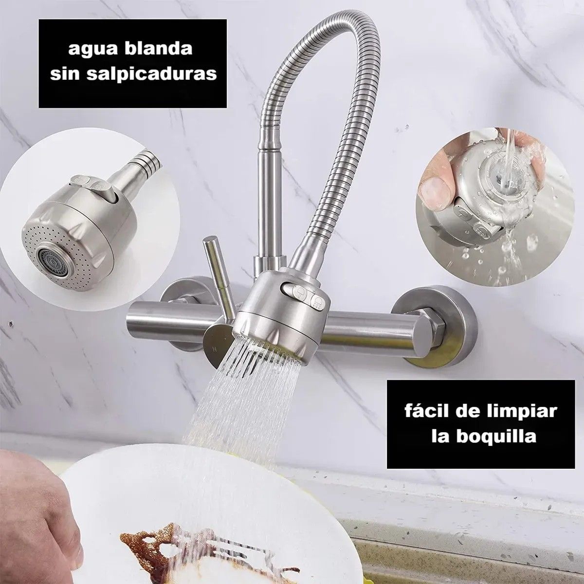 KUANGYE - Llave Monomando Lavaplato Al Muro Cuello Flexible Acero Inox