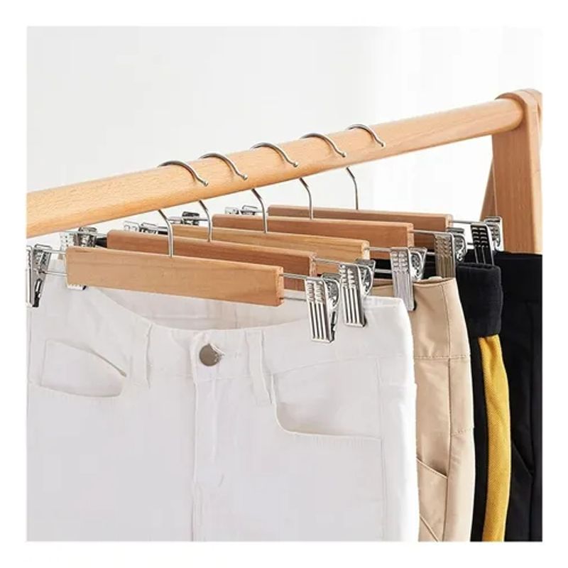 GENERICO - Pack De 5 Colgadores Ganchos Con Pinza Para Pantalón Madera