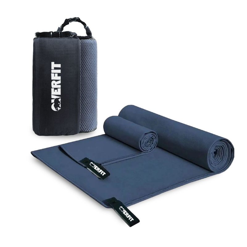 OVERFIT - Set x2 toallas microfibra Overfit + bolso de transporte azul