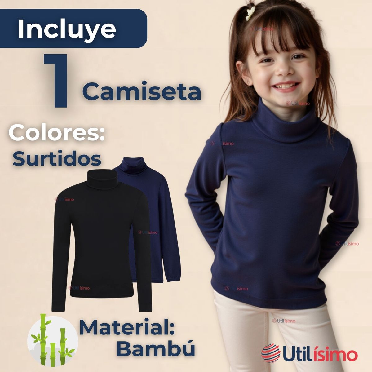 UTILISIMO - Camiseta Beatle Bambú Escolar Primera Capa Niña Polera Azul y Negro