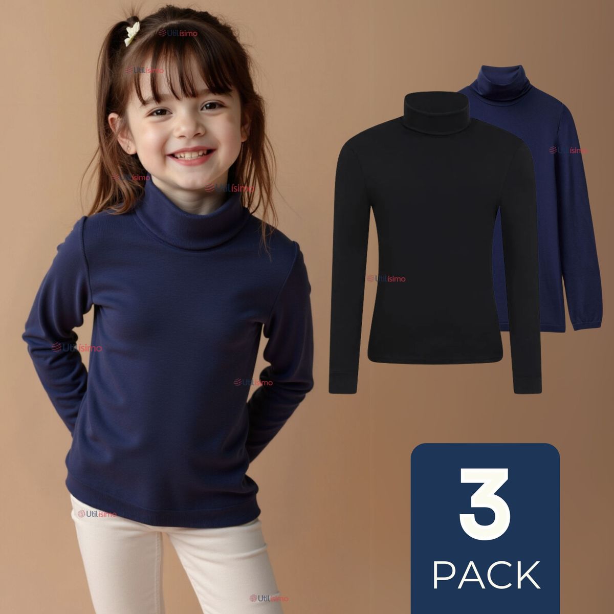 UTILISIMO - Pack 3 Camiseta Beatle Bambú Escolar Primera Capa Niña Polera Azul y Negro