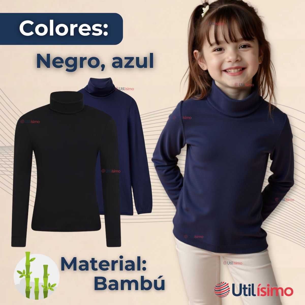 UTILISIMO - Pack 3 Camiseta Beatle Bambú Escolar Primera Capa Niña Polera Azul y Negro