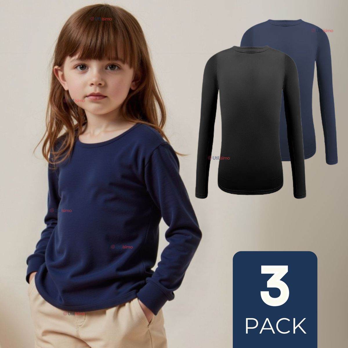 UTILISIMO - Pack 3 Camiseta Bambú Escolar Primera Capa Niña Polera Cuello redondo