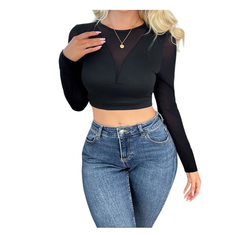 GARSIL - Crop Top Para Mujer De Manga Larga Y Escote Translucido