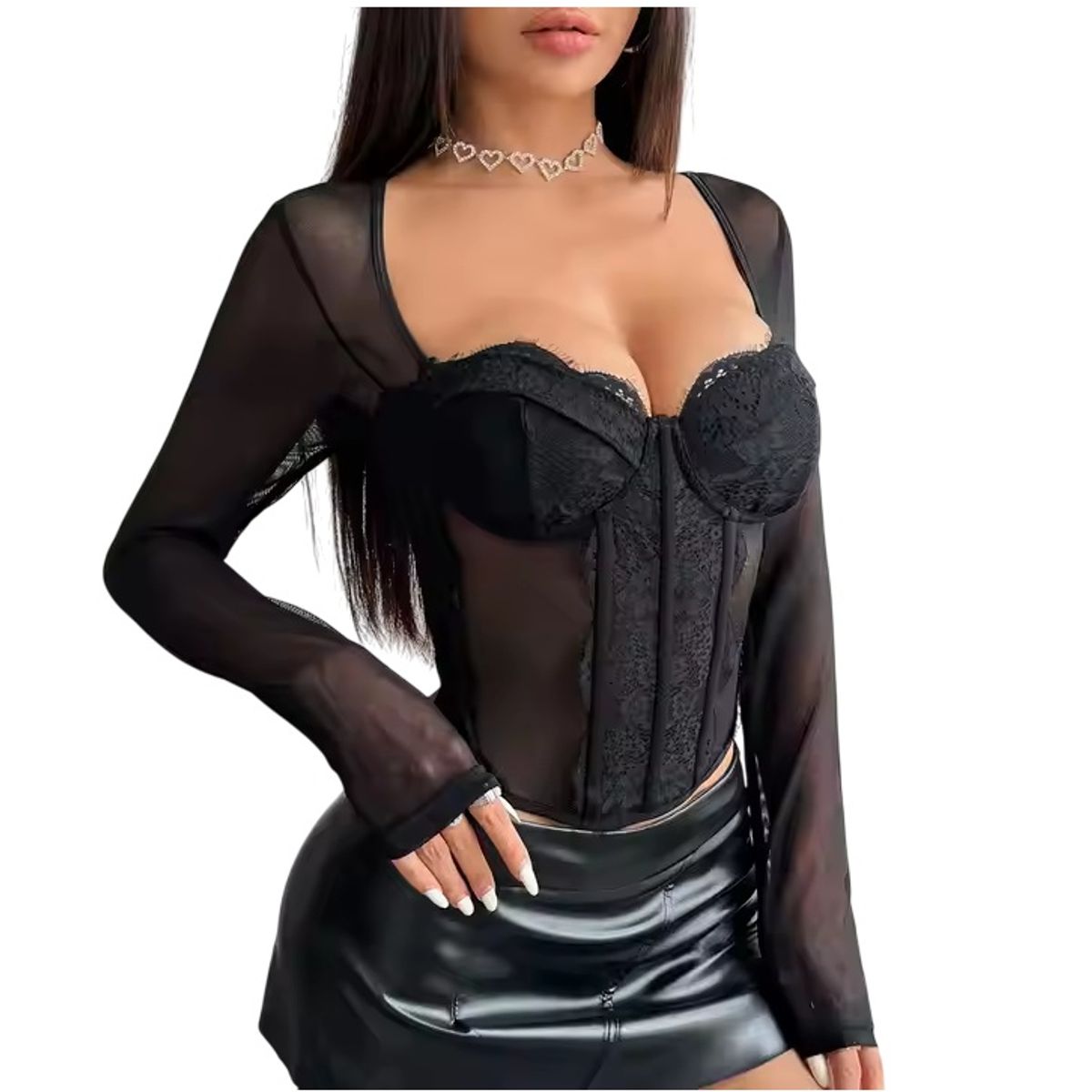 GARSIL - Crop Top Para Mujer De Manga Larga Translucida Escote Corazon