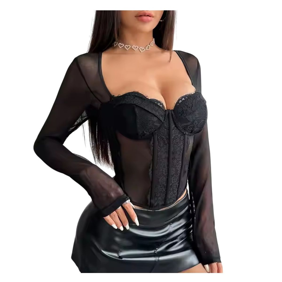 GARSIL - Crop Top Para Mujer De Manga Larga Translucida Escote Corazon