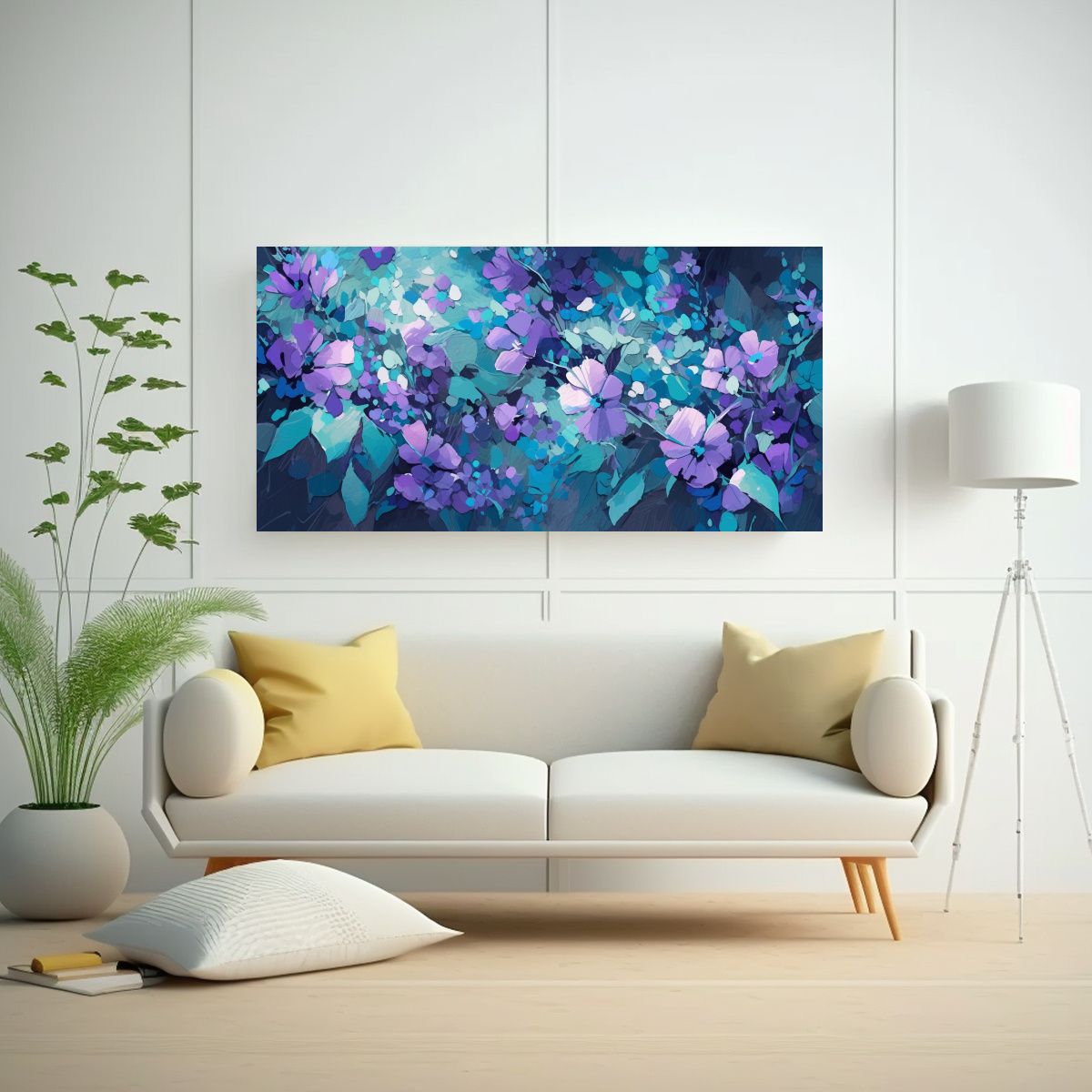 GENERICO - Cuadro De Flores En Tela De Tono Morado Y Turquesa 60x30 Cm
