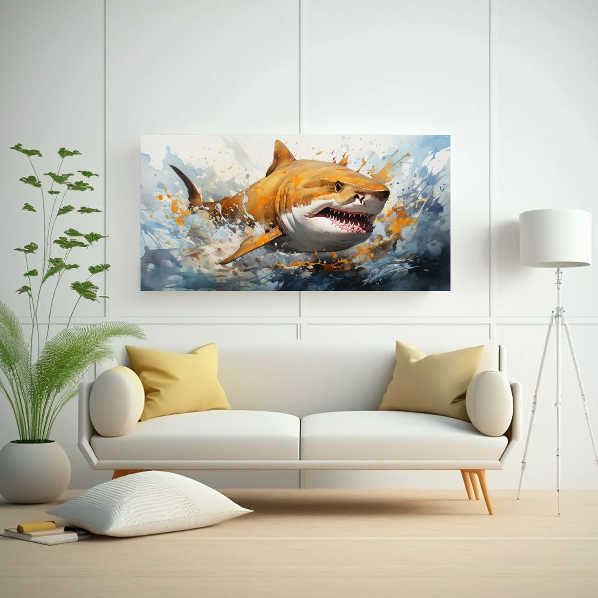 GENERICO - Cuadro Acuarela Tiburón Limón Estilo Pintura 80x40 Cm