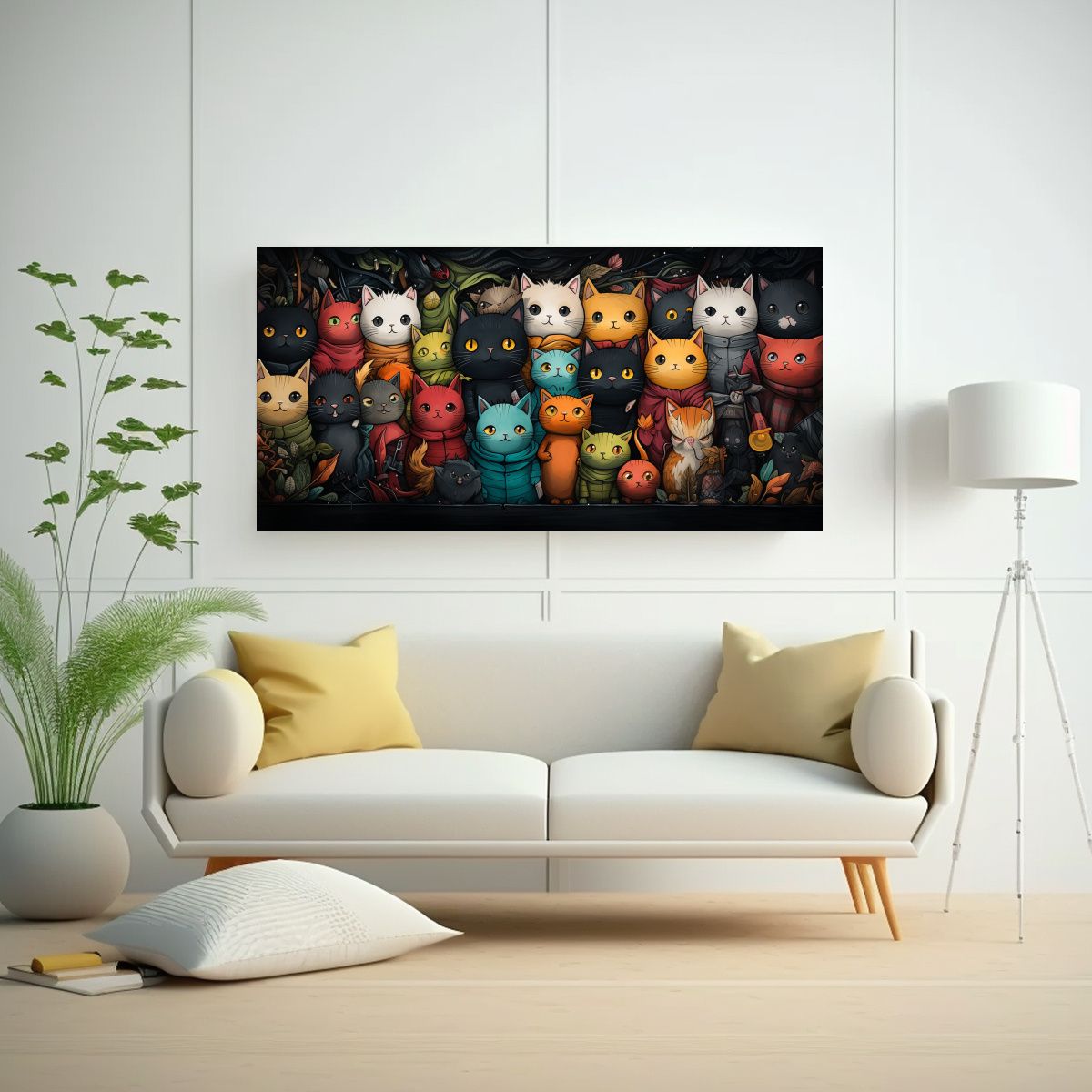 GENERICO - Cuadro De Gatos Con Suéter En Lienzo De Colores 100x50 Cm