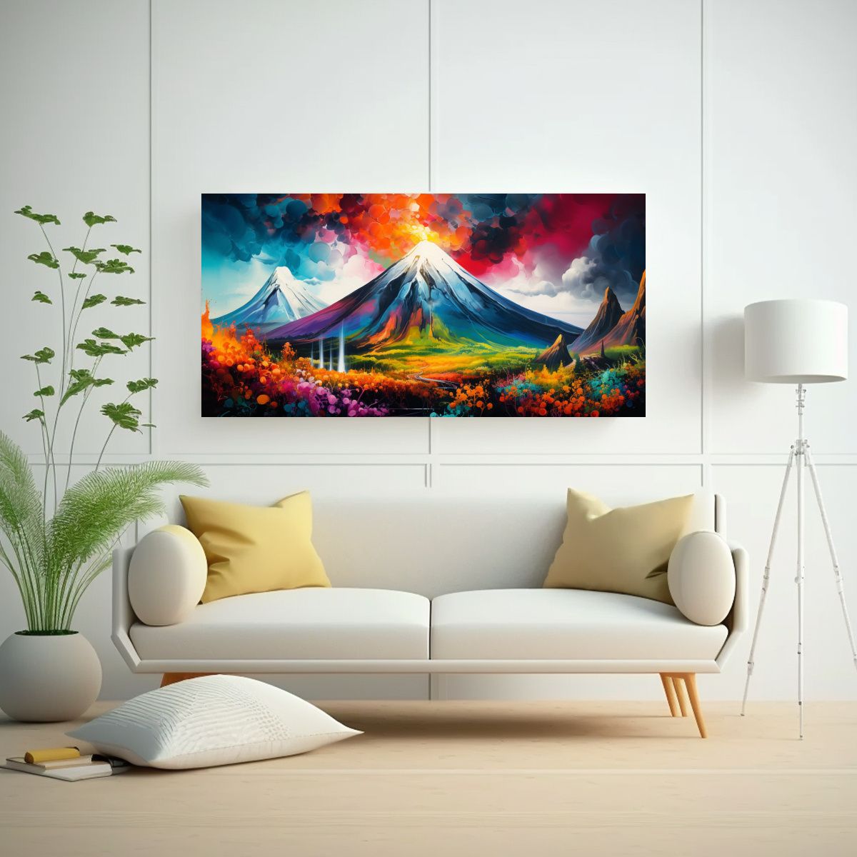 GENERICO - Pintura Abstracta De Volcán Con Arcoíris Y 80x40 Cm