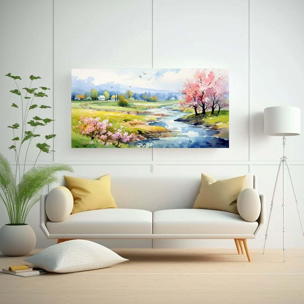 GENERICO - Paisaje Primaveral Con Acuarelas En Colores 100x50 Cm