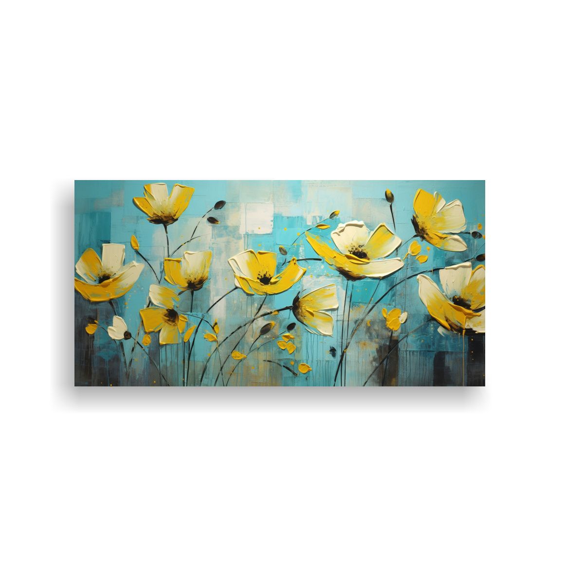 GENERICO - Pintura De Flores Amarillas Y Turquesa En Lienzo 80x40 Cm