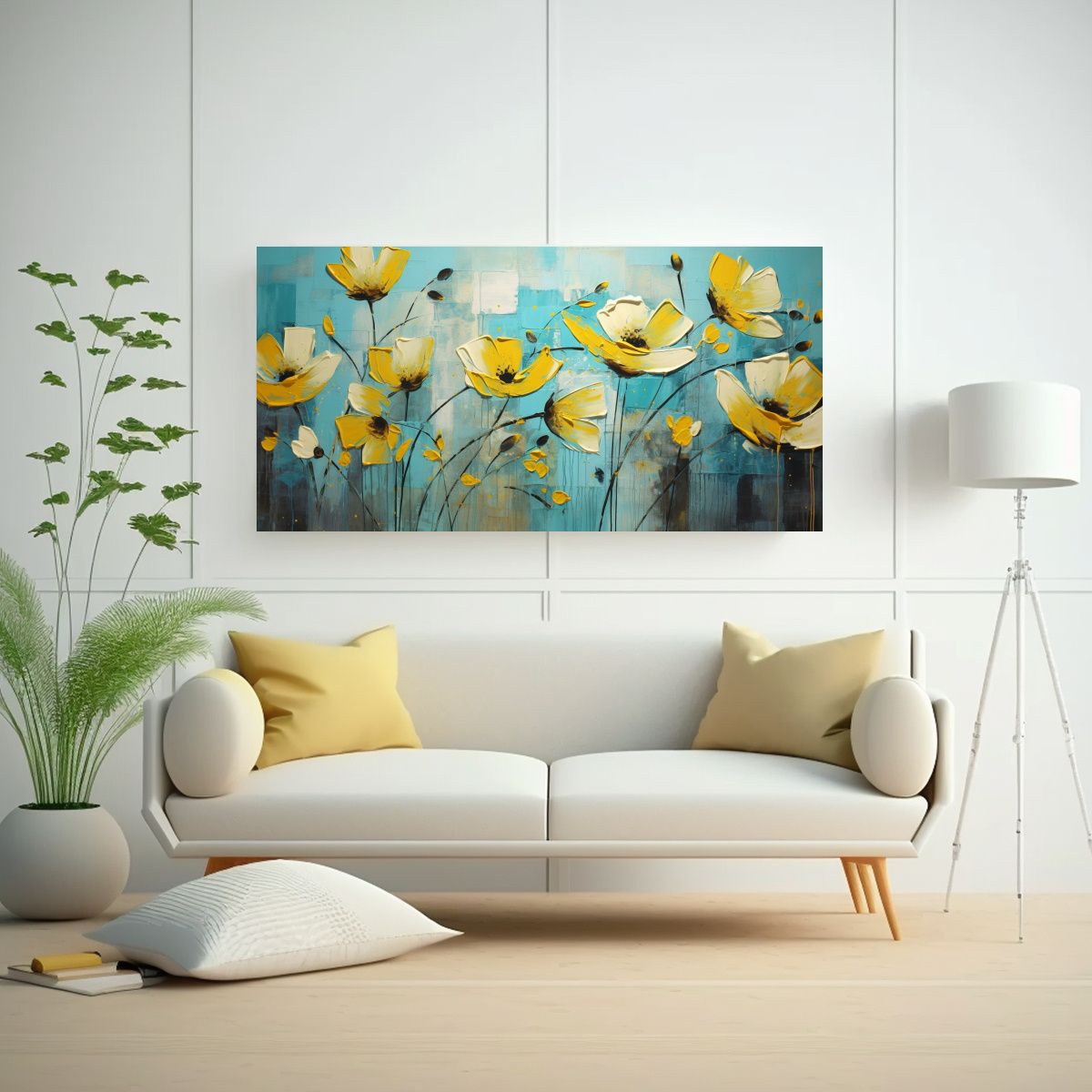 GENERICO - Pintura De Flores Amarillas Y Turquesa En Lienzo 80x40 Cm